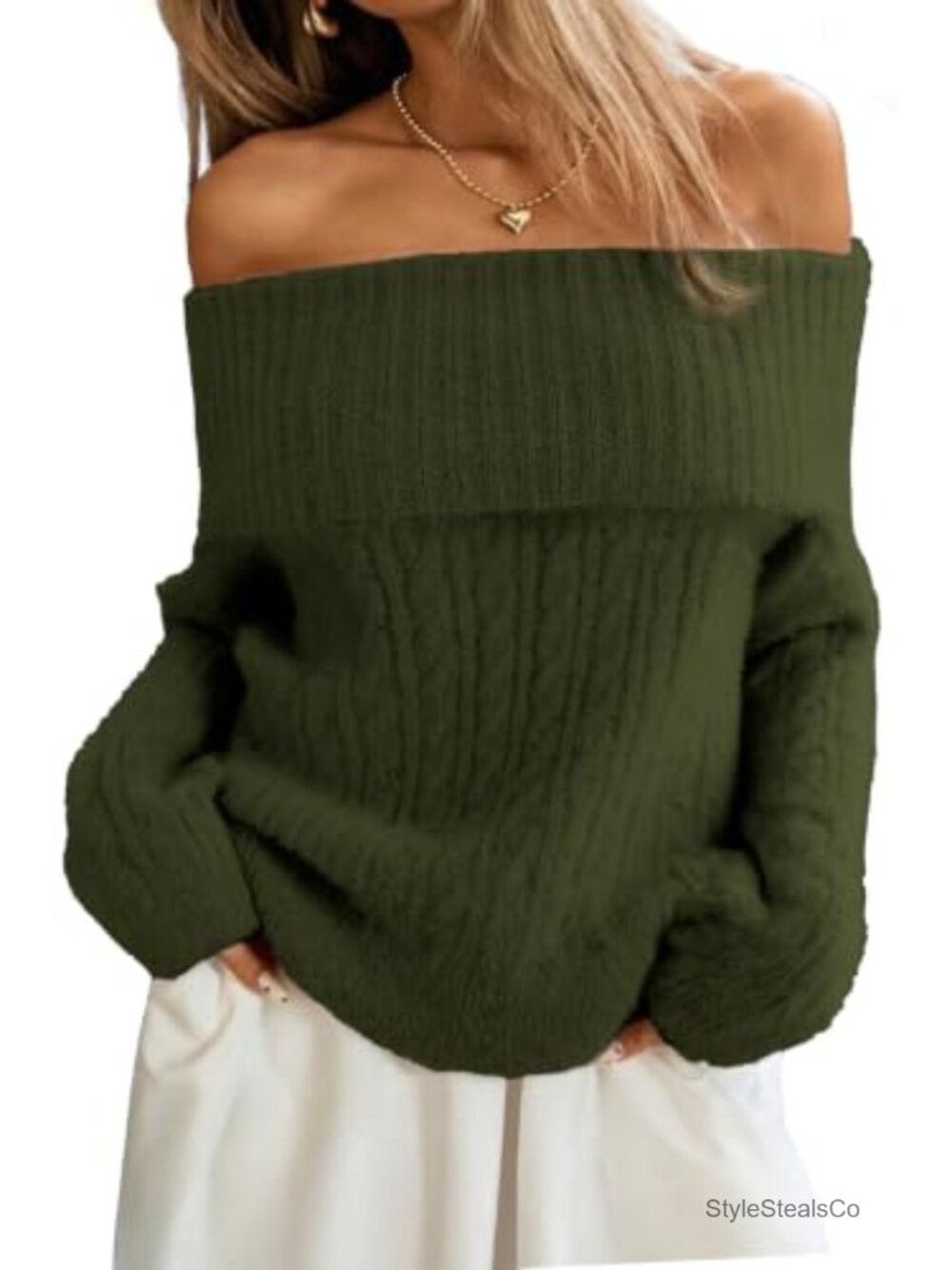 Off Shoulder Cable Knit Sweater Soft Oversized Pullover Women's